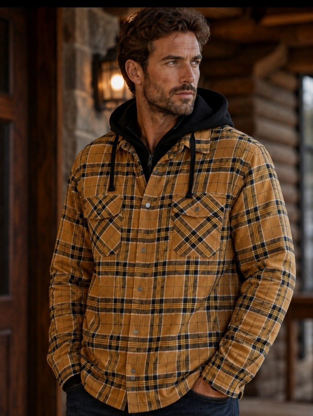 NWT Men's Hooded Plaid Flannel Jacket - Yellow Plaid